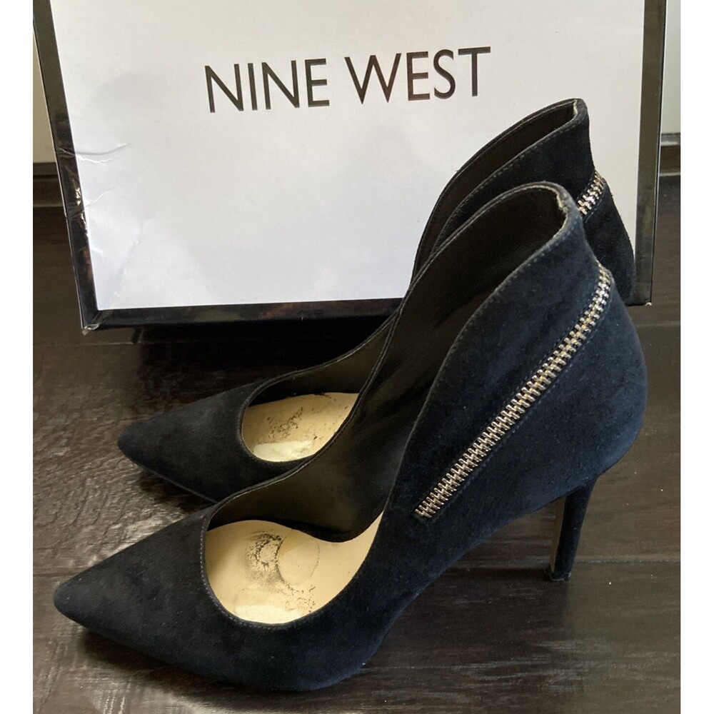 Nine West Felycia Black Suede Pump, Pointed Toe, Zipper Detail, Heels 9.5